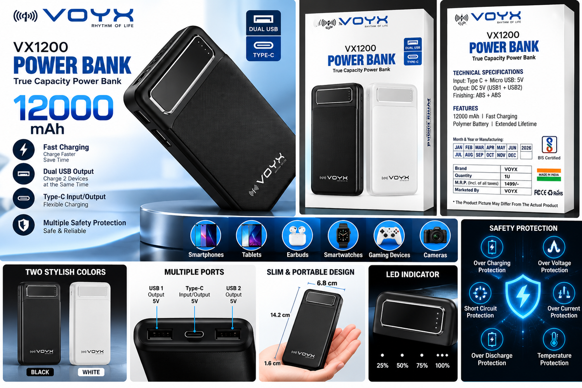 VOYX VX1200 12000mAh Fast Charging Power Bank | Dual USB & Type-C | Portable High-Capacity Power Bank