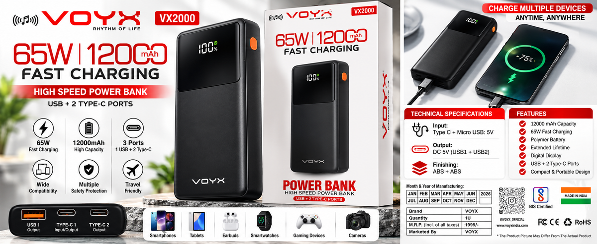 VOYX VX2000 12000mAh 65W Fast Charging Power Bank | USB + Dual Type-C Ports | Digital Display Portable Power Bank