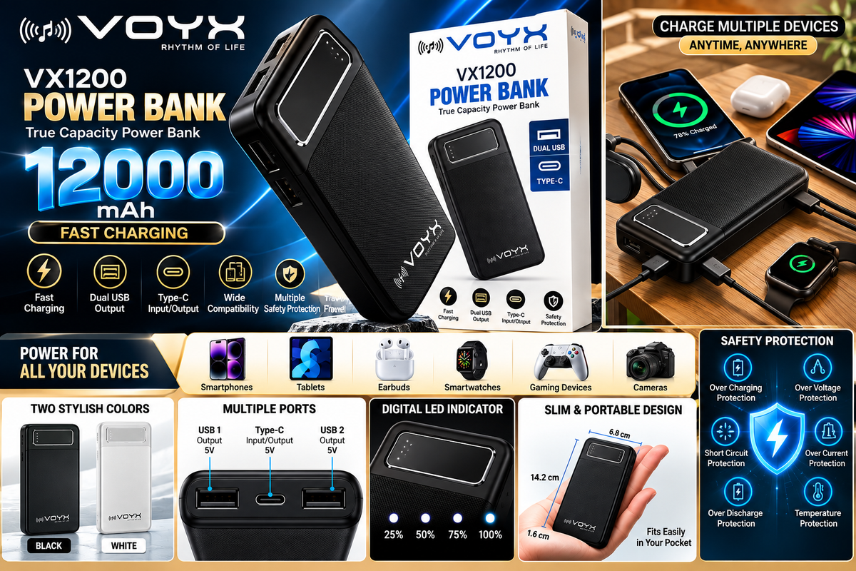 VOYX VX1200 12000mAh Fast Charging Power Bank | Dual USB & Type-C | Portable High-Capacity Power Bank