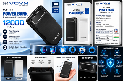 VOYX VX1200 12000mAh Fast Charging Power Bank | Dual USB & Type-C | Portable High-Capacity Power Bank