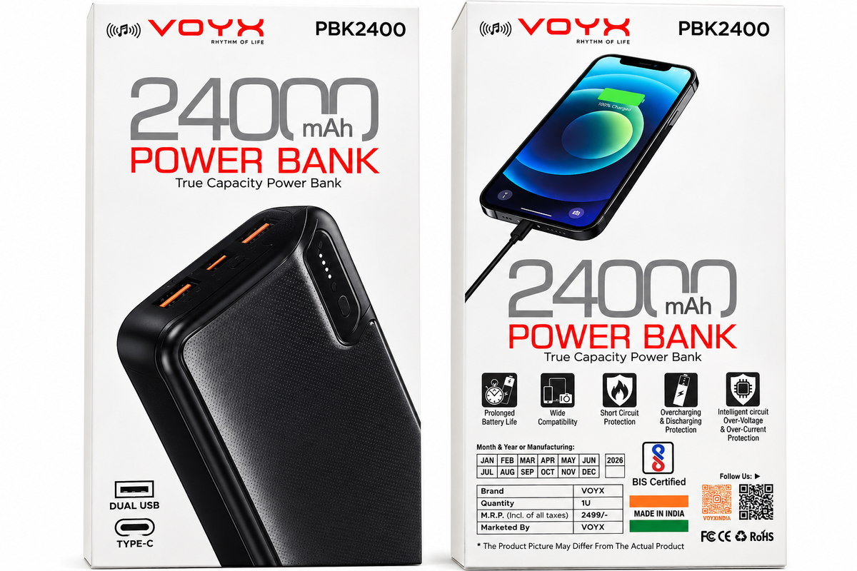 VOYX PBK2400 24000mAh Power Bank | Dual USB & Type-C | High-Capacity Portable Charging Power Bank