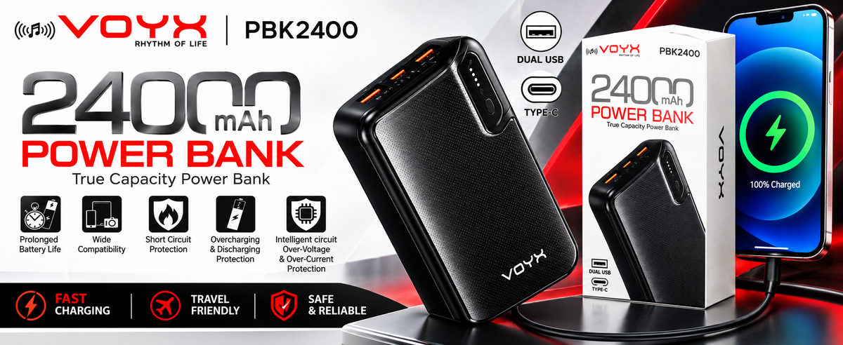 VOYX PBK2400 24000mAh Power Bank | Dual USB & Type-C | High-Capacity Portable Charging Power Bank