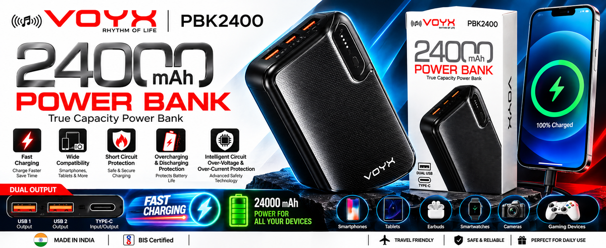 VOYX PBK2400 24000mAh Power Bank | Dual USB & Type-C | High-Capacity Portable Charging Power Bank