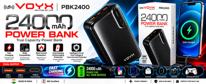 VOYX PBK2400 24000mAh Power Bank | Dual USB & Type-C | High-Capacity Portable Charging Power Bank