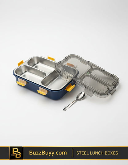WARMEO Carnival Stainless Steel Airtight Leak-Proof Lunch Box, Light Weight, Easy to Clean, Perfect for Office, School, Picnic & Travelling, Set of 2 (800ml+150ml) Aqua & Yellow
