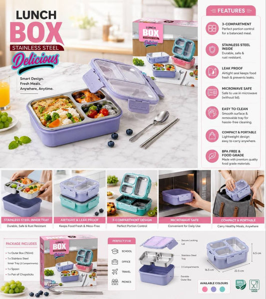 WARMEO Carnival Stainless Steel Airtight Leak-Proof Lunch Box, Light Weight, Easy to Clean, Perfect for Office, School, Picnic & Travelling, Set of 2 (800ml+150ml) Aqua & Yellow