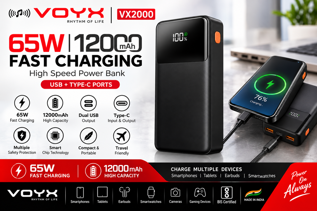 VOYX VX2000 12000mAh 65W Fast Charging Power Bank | USB + Dual Type-C Ports | Digital Display Portable Power Bank