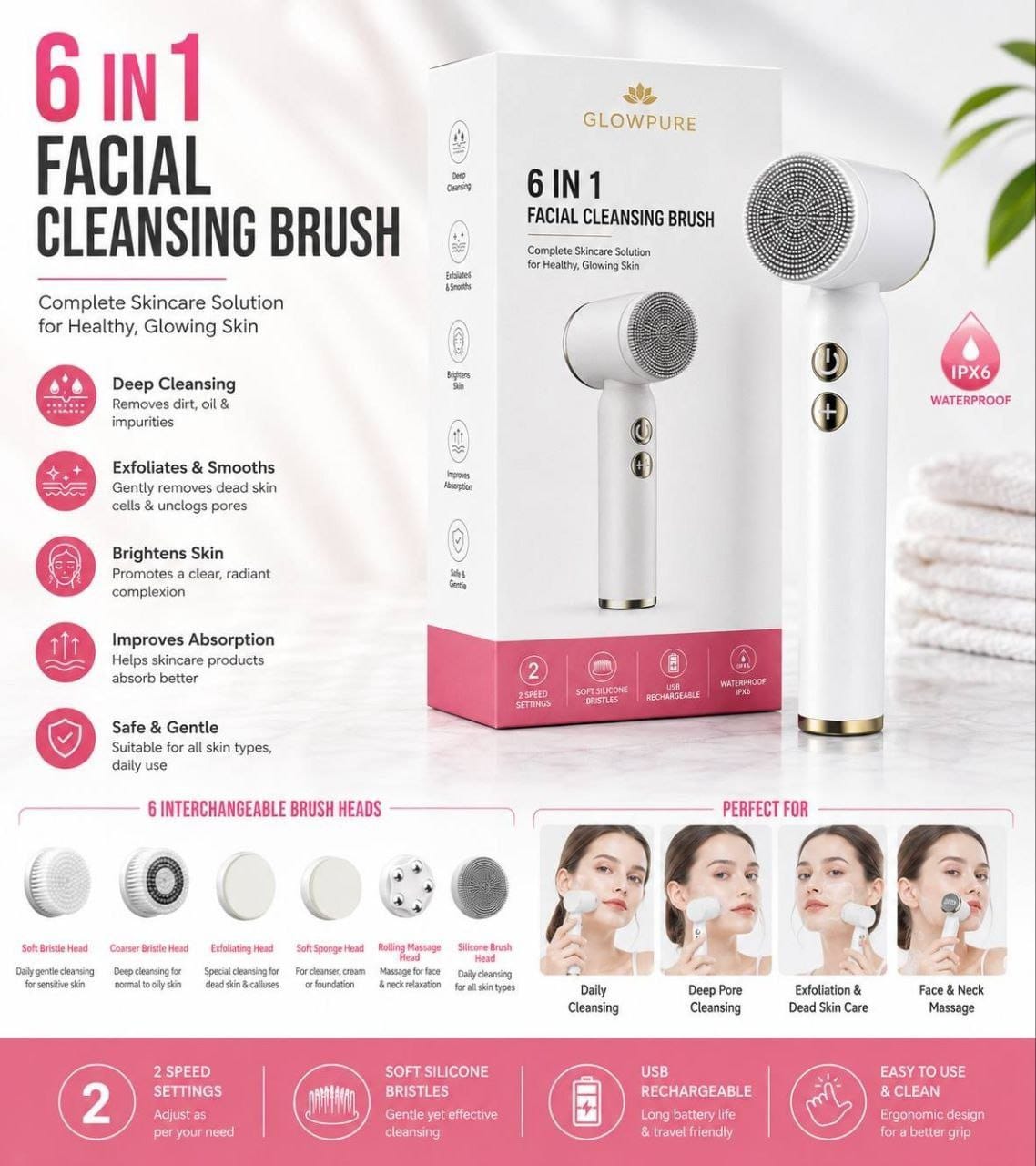6in1 Rechargable  Facial Massager & Cleaning Brush